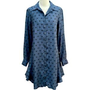 Finley Agatha Shirt Dress Blue Black Flocked Dot Ruffle hem Quiet Luxury Medium